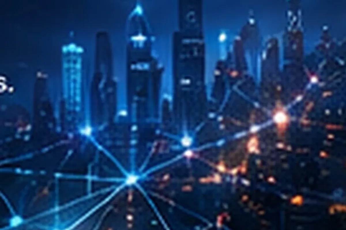 Uma cidade conectada visualizada como uma rede inteligente de serviços urbanos e territórios.