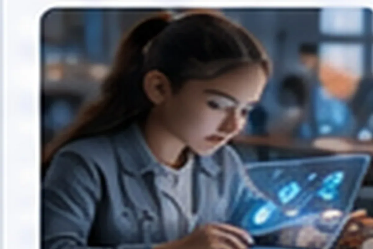 Estudantes e educadores utilizam ferramentas de aprendizagem assistidas por IA em um ambiente educacional moderno e iluminado.